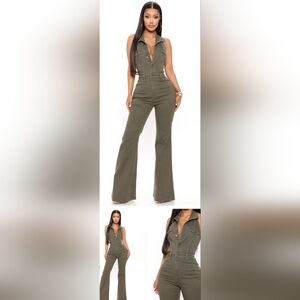 Fashion Nova Let's Party Olive Green Halter Wide Leg Jeans ~ Size Medium